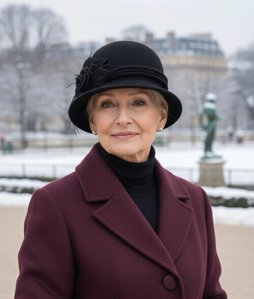 Caciula de dama stil palarie in nuanta neagra, din lana merinos, cu decor floral lateral si pene