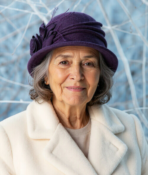 Caciula de dama stil palarie in nuanta mov inchis, din lana merinos, cu decor floral lateral si pene