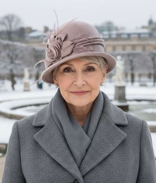 Caciula de dama stil palarie in nuanta roz prafuit, din lana merinos, cu decor floral lateral si pene