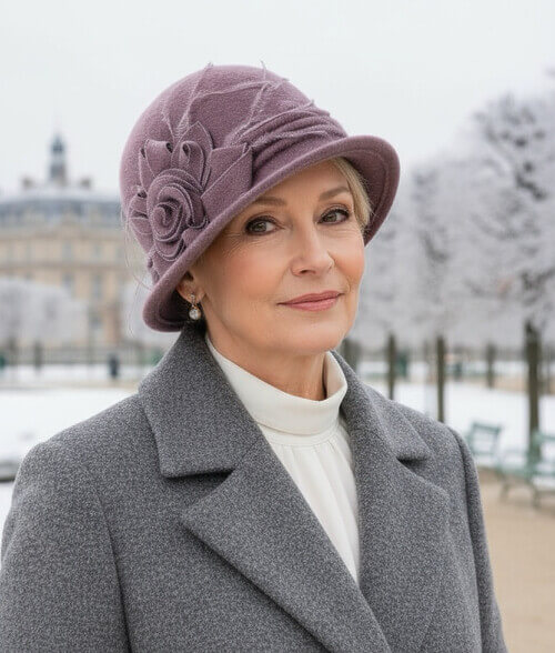 Caciula de dama stil palarie in nuanta violet prafuit, din lana merinos, cu decor floral lateral si pene
