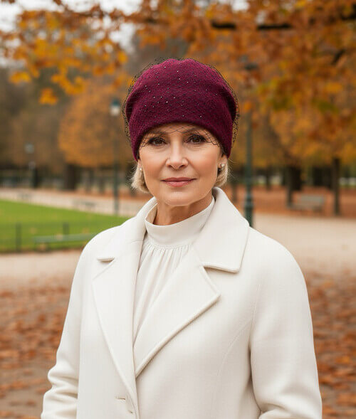 Caciula eleganta de dama in nuanta ciclamen, din lana merinos, cu strasuri si voaleta fina