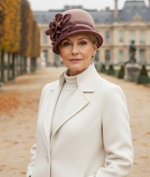 Caciula de dama stil palarie in nuanta caramel, din lana merinos, cu decor floral lateral