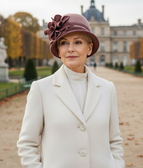 Caciula de dama stil palarie in nuanta caramel, din lana merinos, cu decor floral lateral