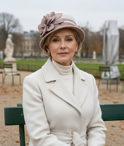 Caciula de dama stil palarie in nuanta roz prafuit, din lana merinos, cu decor floral lateral