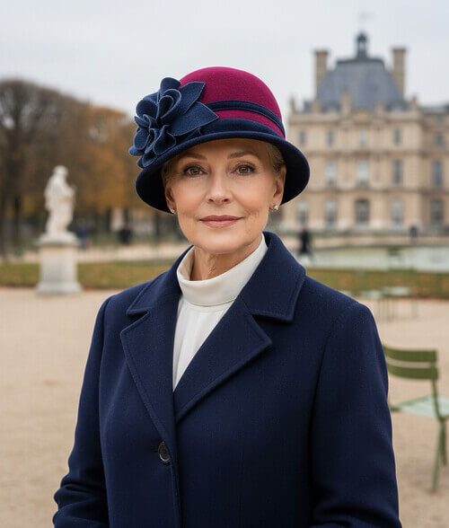 Caciula de dama stil palarie in nuanta ciclamen, din lana merinos, cu decor floral lateral