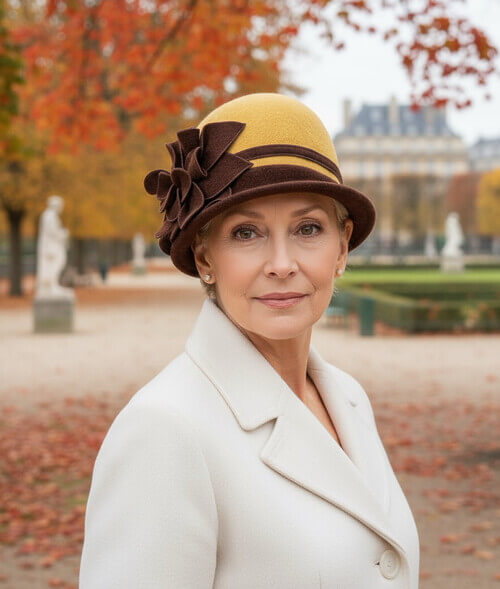 Caciula de dama stil palarie in nuanta galben mustar, din lana merinos, cu decor floral lateral