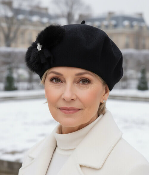 Caciula de dama tip bereta eleganta in nuanta neagra, din lana merinos, cu blanita naturala si brosa cu cristale
