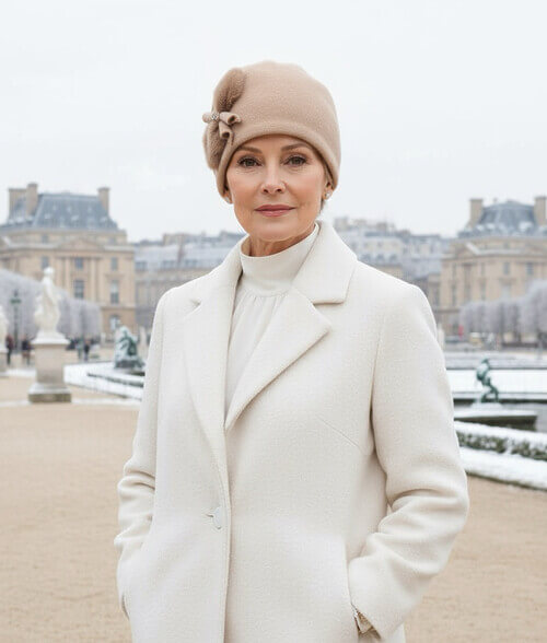 Caciula eleganta de dama in nuanta bej, din lana merinos, cu blanita naturala si brosa cu cristale