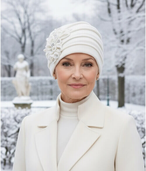 Caciula eleganta de dama in nuanta alba, din lana merinos, cu decor floral stilizat si strasuri