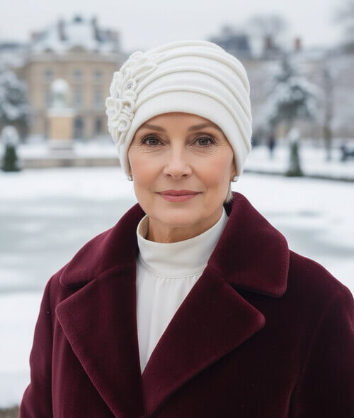 Caciula eleganta de dama in nuanta alba, din lana merinos, cu decor floral stilizat si strasuri