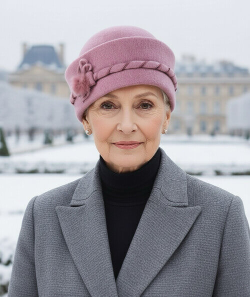 Caciula eleganta de dama in nuanta lila prafuit, din lana merinos, cu puf din blanita naturala