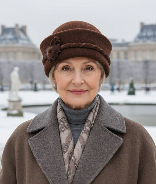 Caciula eleganta de dama in nuanta maro inchis, din lana merinos, cu puf din blanita naturala