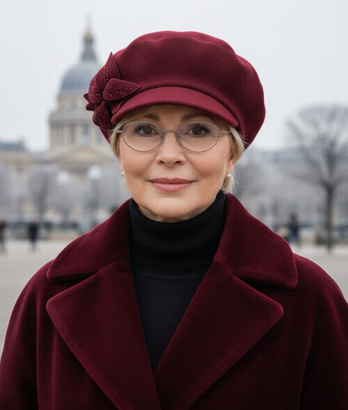 Caciula de dama tip bereta cu cozoroc in nuanta bordo, din lana merinos, cu floare stilizata si strasuri fine