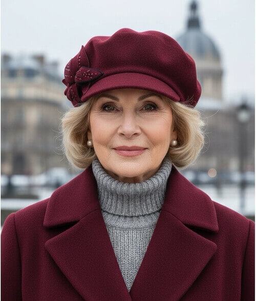 Caciula de dama tip bereta cu cozoroc in nuanta bordo, din lana merinos, cu floare stilizata si strasuri fine