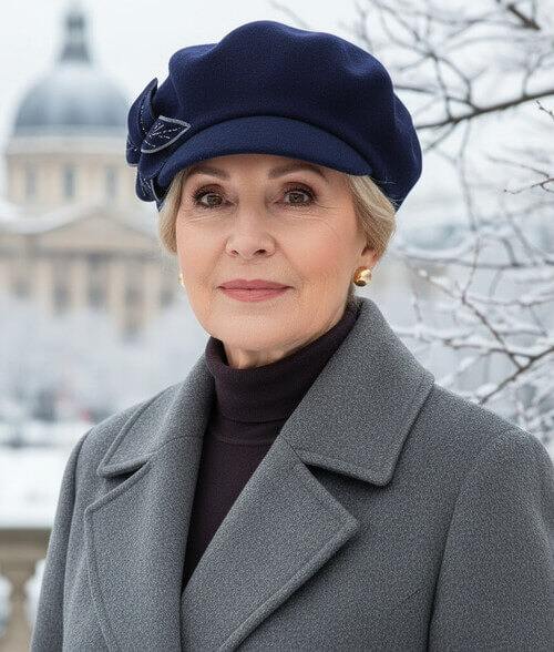 Caciula de dama tip bereta cu cozoroc in nuanta bleumarin, din lana merinos, cu floare stilizata si strasuri fine