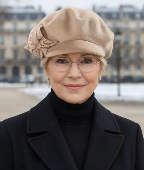 Caciula de dama tip bereta cu cozoroc in nuanta bej, din lana merinos, cu floare stilizata si strasuri fine