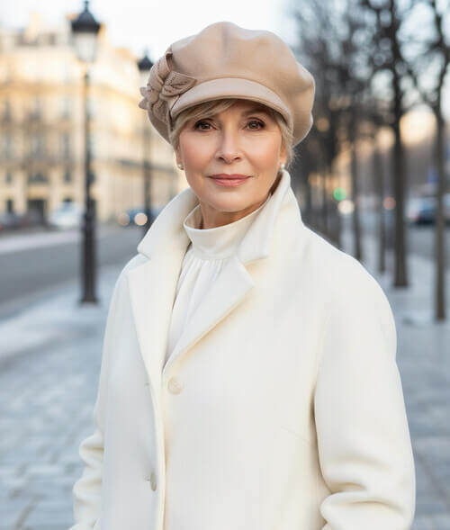 Caciula de dama tip bereta cu cozoroc in nuanta bej, din lana merinos, cu floare stilizata si strasuri fine