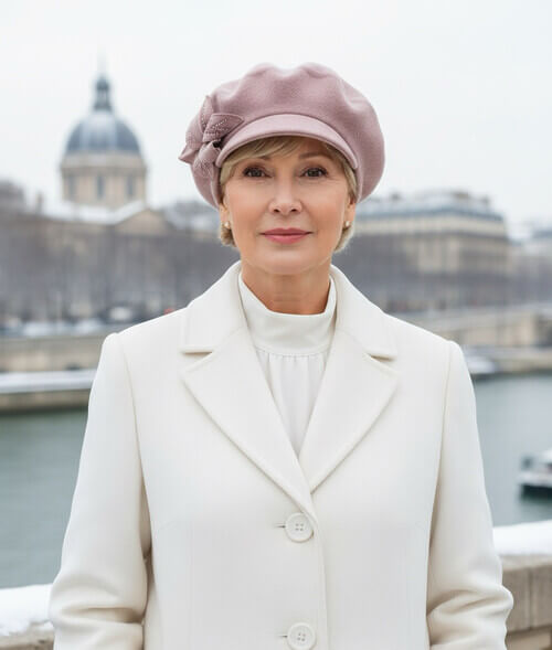 Caciula de dama tip bereta cu cozoroc in nuanta roz prafuit, din lana merinos, cu floare stilizata si strasuri fine