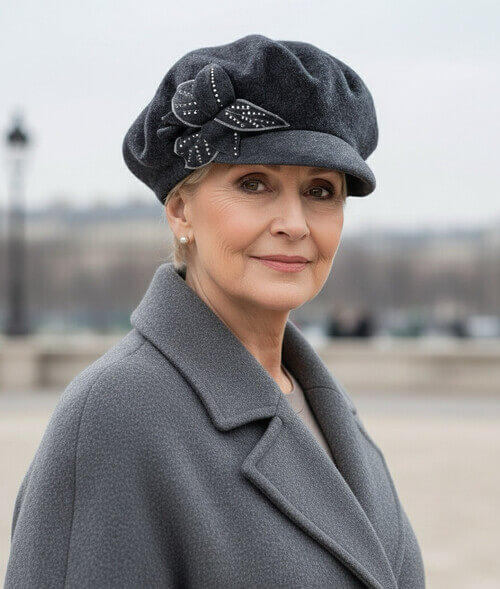 Caciula de dama tip bereta cu cozoroc in nuanta grafit, din lana merinos, cu floare stilizata si strasuri fine