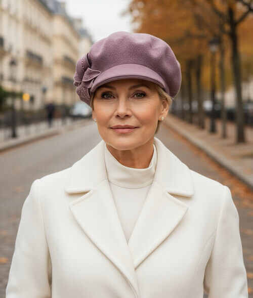 Caciula de dama tip bereta cu cozoroc in nuanta violet prafuit, din lana merinos, cu floare stilizata si strasuri fine