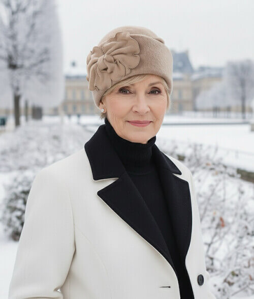 Caciula de dama in nuanta bej, din lana merinos, cu funda stilizata din tricot