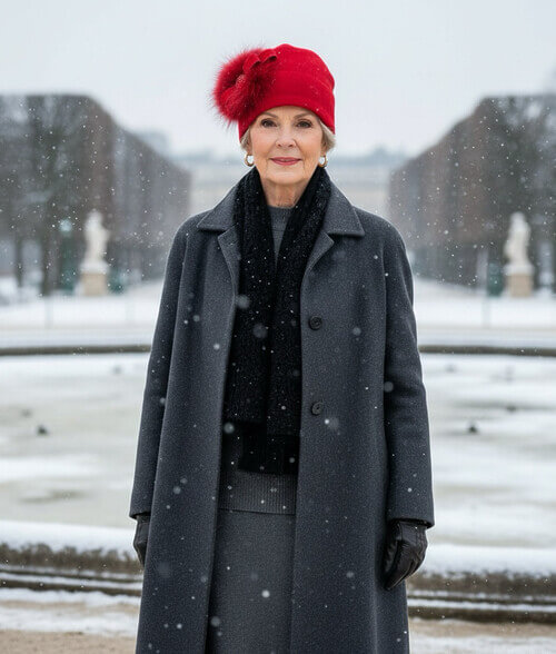 Caciula eleganta de dama in nuanta rosie, din lana merinos, cu blanita naturala, funda stilizata si strasuri