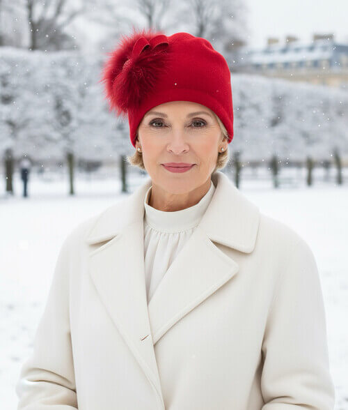 Caciula eleganta de dama in nuanta rosie, din lana merinos, cu blanita naturala, funda stilizata si strasuri