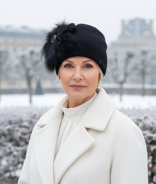 Caciula eleganta de dama in nuanta neagra, din lana merinos, cu blanita naturala, funda stilizata si strasuri