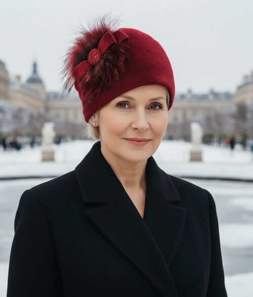 Caciula eleganta de dama in nuanta bordo, din lana merinos, cu blanita naturala, funda stilizata si strasuri