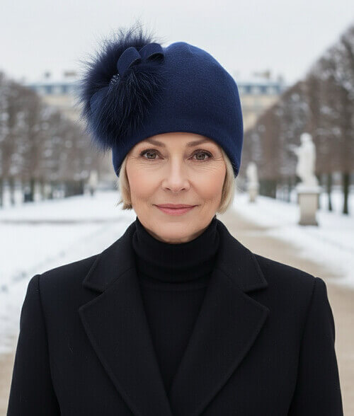 Caciula eleganta de dama in nuanta bleumarin, din lana merinos, cu blanita naturala, funda stilizata si strasuri