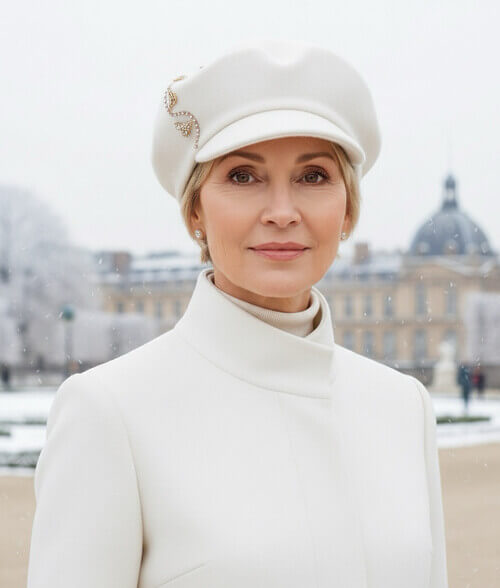 Caciula de dama tip bereta cu cozoroc in nuanta alba, din lana merinos, cu brose albina si strasuri