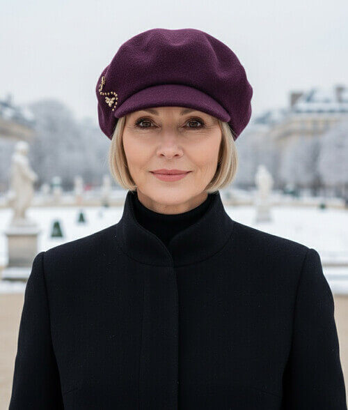 Caciula de dama tip bereta cu cozoroc in nuanta violet inchis, din lana merinos, cu brose albina si strasuri