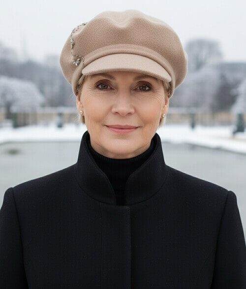 Caciula de dama tip bereta cu cozoroc in nuanta bej, din lana merinos, cu brose albina si strasuri