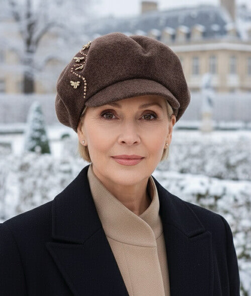 Caciula de dama tip bereta cu cozoroc in nuanta maro inchis, din lana merinos, cu brose albina si strasuri