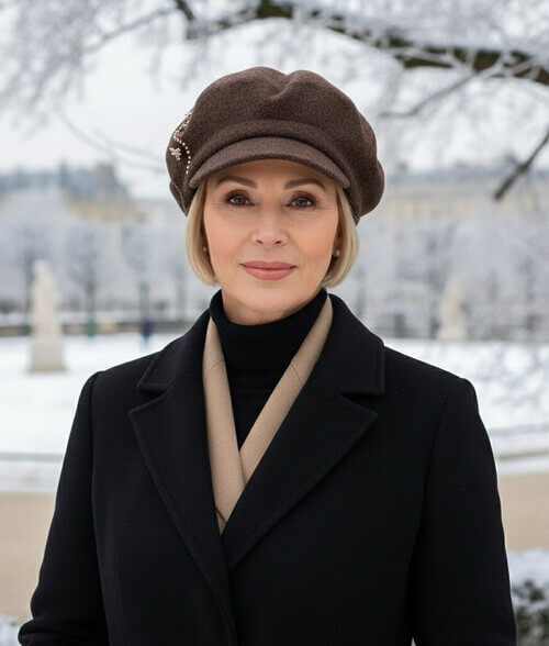 Caciula de dama tip bereta cu cozoroc in nuanta maro inchis, din lana merinos, cu brose albina si strasuri