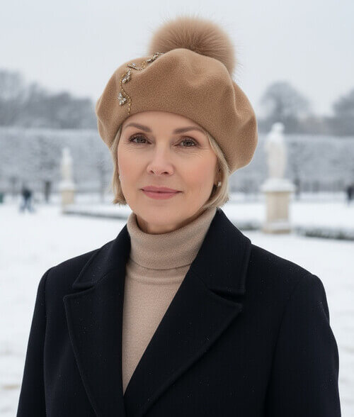 Caciula de dama tip bereta cu pompon din blanita in nuanta bej mustar, din lana merinos, cu brose albina si strasuri