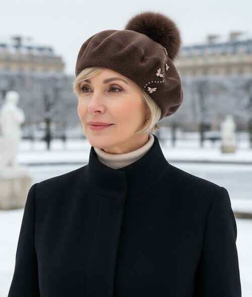 Caciula de dama tip bereta cu pompon din blanita in nuanta maro inchis, din lana merinos, cu brose albina si strasuri